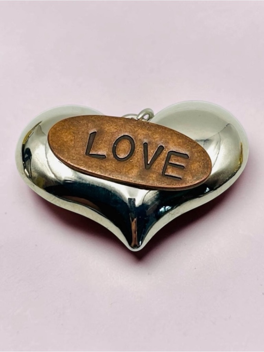 Large Silver Tone Puffy Heart Pendant With Copper Love Plaque
